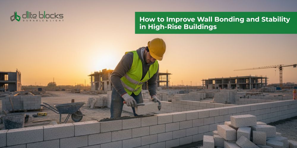 AAC block wall work at a high-rise site.