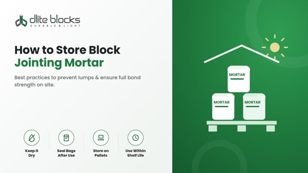 How to store block jointing mortar — keep it dry, seal bags after use, store on pallets, and use within shelf life — Dlite Blocks